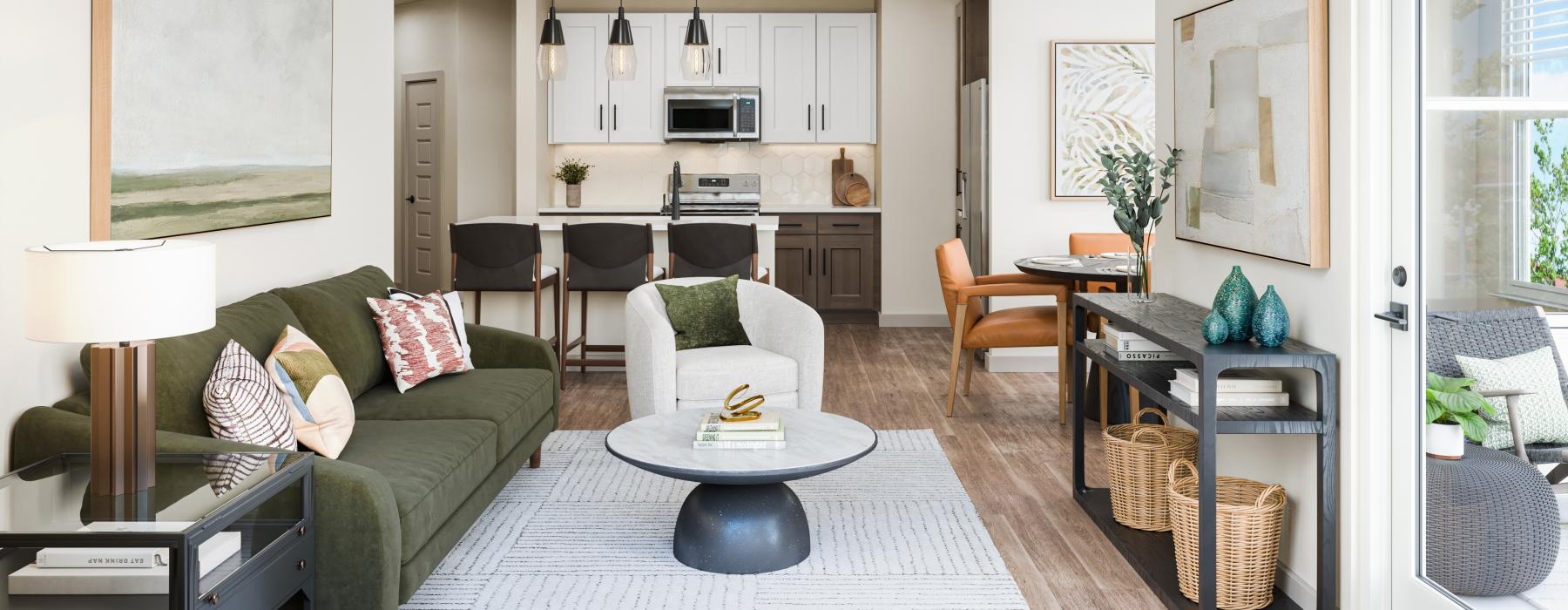 a living room with a large kitchen