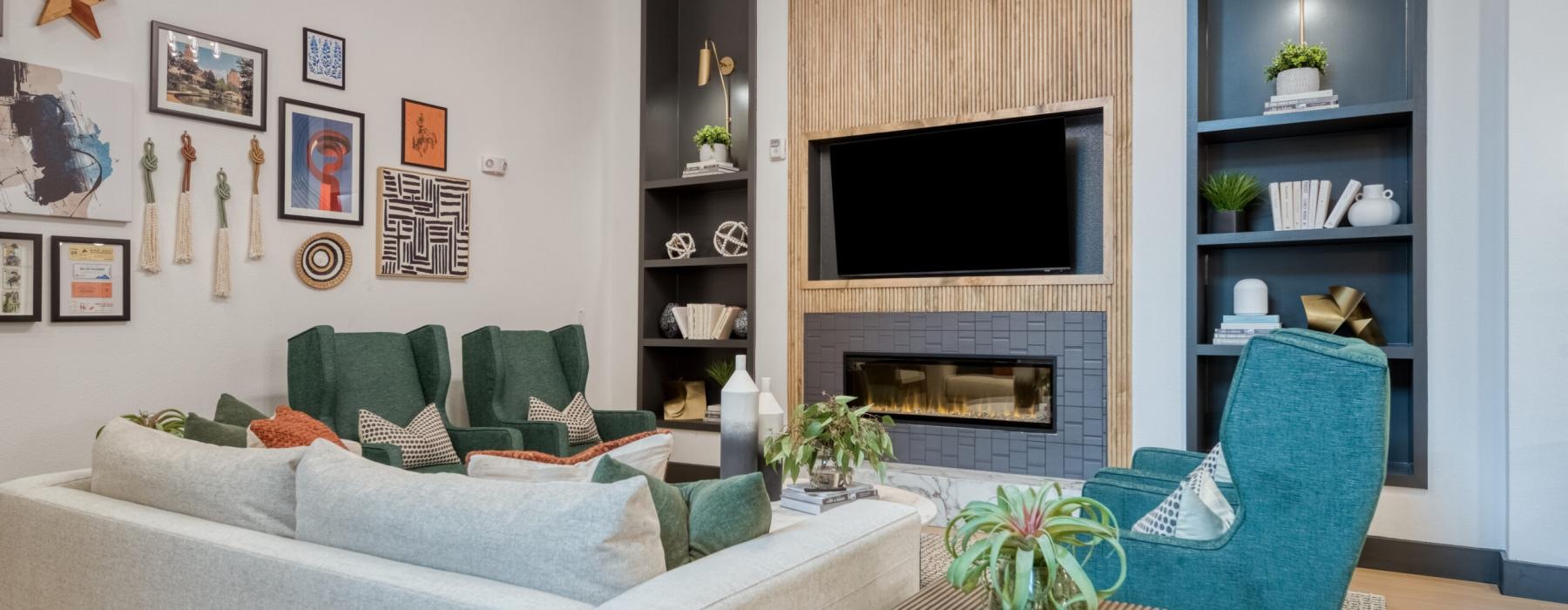 a living room with a fireplace