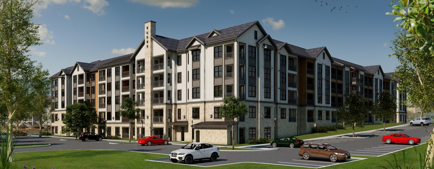a building with cars parked in front
