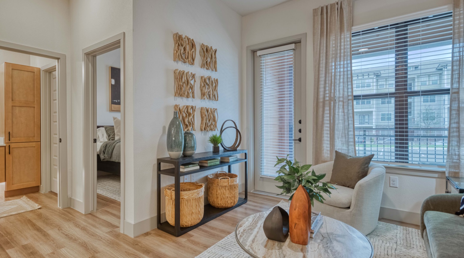 a living room with a wood floor