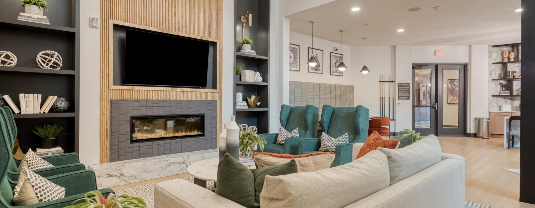 a living room with a fireplace