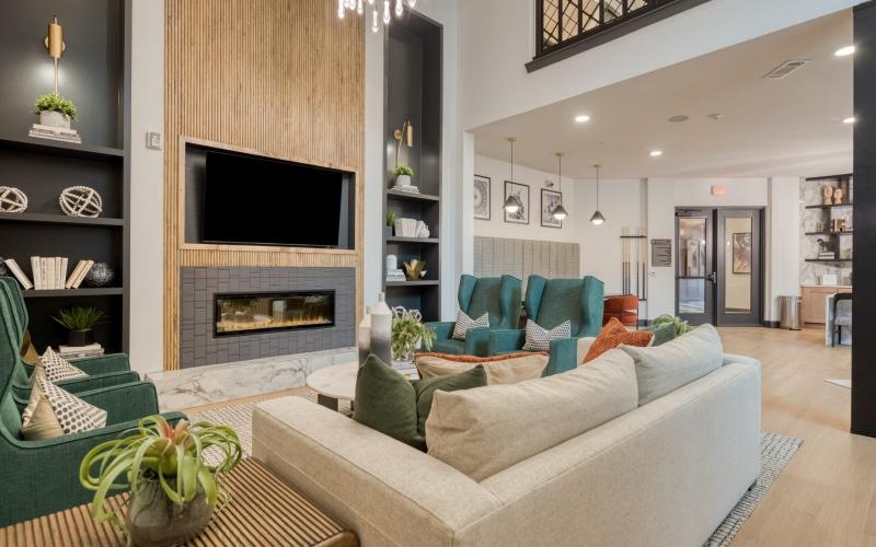 a living room with a fireplace